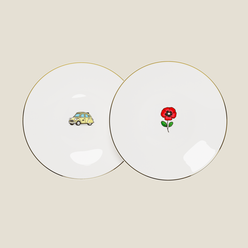 Set of 2 Beefbar x Bernardaud plates with 2CV car and red poppy emojis