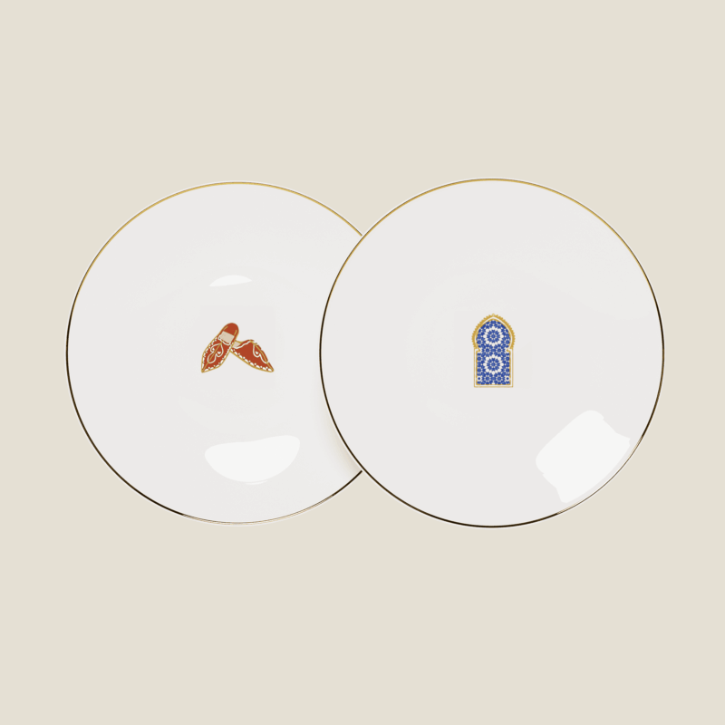 Set of 2 Beefbar x Bernardaud plates with babouche slippers and zellige window emojis